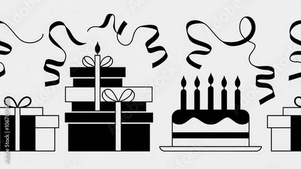 Fototapeta A monochrome birthday pattern with birthday presents, cakes, and streamers in black and white
