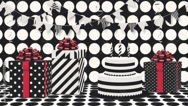 Fototapeta A monochrome birthday pattern with birthday presents, cakes, and streamers in black and white
