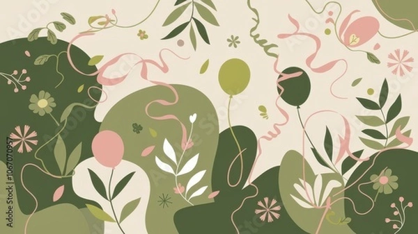 Fototapeta An organic birthday pattern with freeform shapes and natural elements like leaves and flowers, intertwined with party decorations
