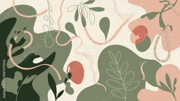 Fototapeta An organic birthday pattern with freeform shapes and natural elements like leaves and flowers, intertwined with party decorations

