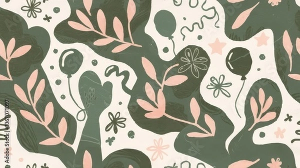 Fototapeta An organic birthday pattern with freeform shapes and natural elements like leaves and flowers, intertwined with party decorations
