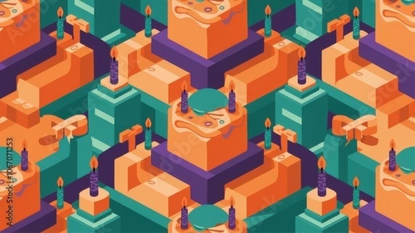 Fototapeta A tessellating birthday pattern where repeating geometric shapes form birthday-related icons like cakes and candles
