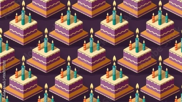 Fototapeta A tessellating birthday pattern where repeating geometric shapes form birthday-related icons like cakes and candles
