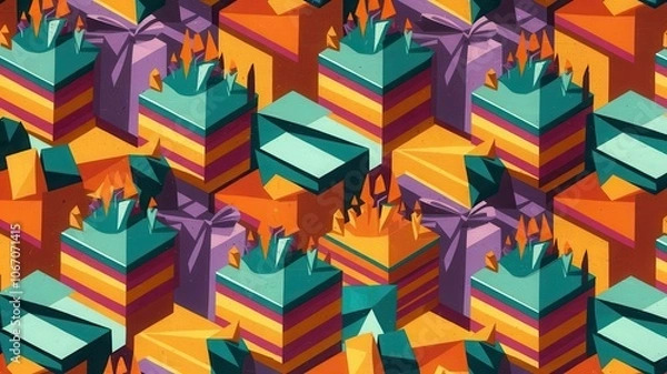 Fototapeta A tessellating birthday pattern where repeating geometric shapes form birthday-related icons like cakes and candles
