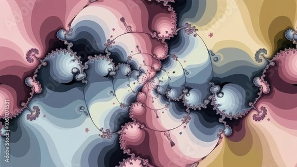 Fototapeta A fractal-based birthday pattern with intricate repeating shapes, incorporating candles and confetti in soft gradients
