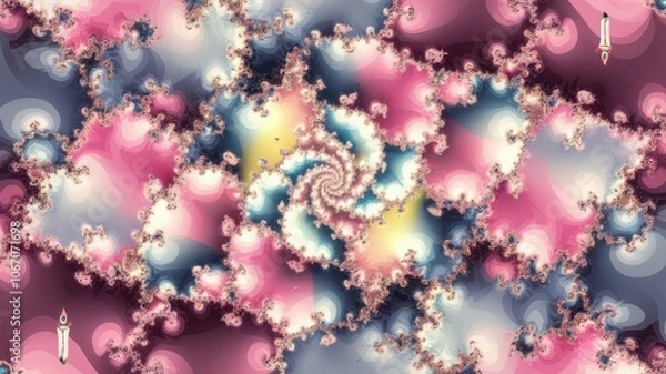 Fototapeta A fractal-based birthday pattern with intricate repeating shapes, incorporating candles and confetti in soft gradients
