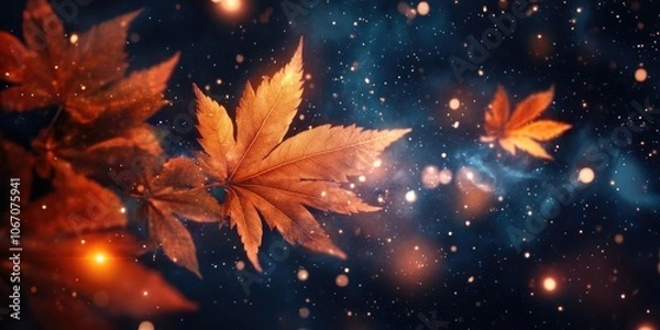 Fototapeta Artistic representation of maple leaves featuring a design inspired by the cosmos, showcasing a blend of nature and cosmic elements in a striking visual.