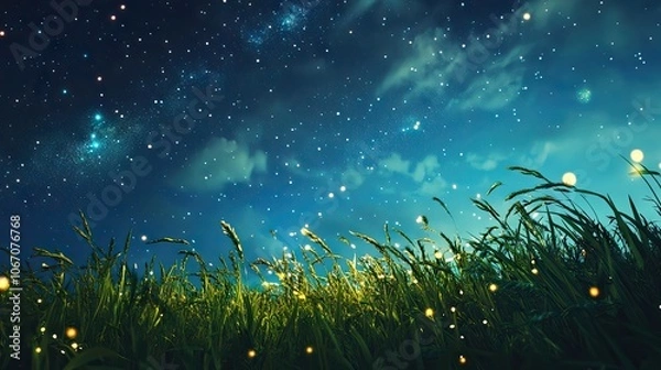 Fototapeta Vibrant green field under a bright blue summer sky creates a maximalist landscape, enhanced by glowing stars and dynamic motion light, ideal for high-quality imagery with copy space.