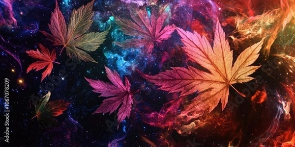 Fototapeta Artistic representation of maple leaves featuring a design inspired by the cosmos, showcasing a blend of nature and cosmic elements in a striking visual.