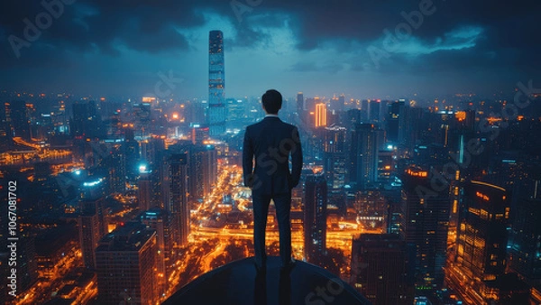 Fototapeta Silhouetted man in suit gazing over an illuminated cityscape at sunrise from a high point