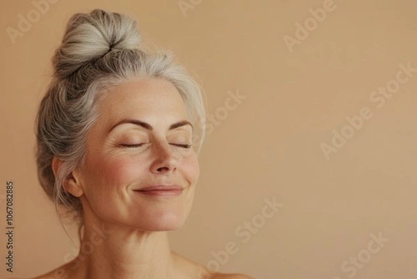 Fototapeta A serene older woman with her eyes closed, smiling softly, embodies peace and contentment Generated AI