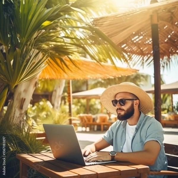 Fototapeta Young man freelancer traveler working online using laptop while traveling on summer vacation.