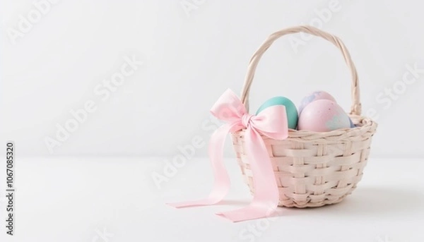 Fototapeta Easter Basket with Pastel Eggs and Pink Bow on White Background