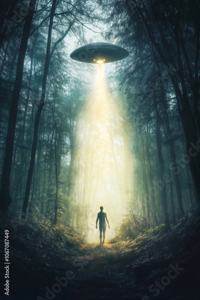 Fototapeta A man is being abductrd by an alien spaceship in the woods, UFO concept