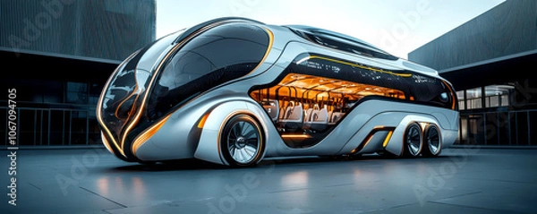 Fototapeta A futuristic, sleek bus design showcasing modern aesthetics and advanced technology, set against a contemporary urban backdrop.