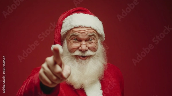Fototapeta Santa Claus in a suit on a red background points with his index finger.