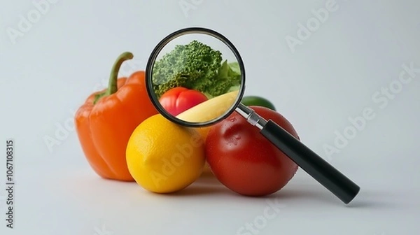 Fototapeta Fresh fruits vegetables inspection with magnifying glass, focus check inspect department, food safety quality control, tomato, paprika, lemon, broccoli
