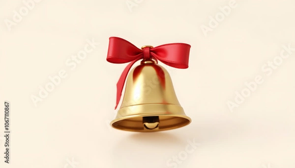 Fototapeta A single golden jingle bell with a red ribbon tied around it, fully isolated on a plain background, highlighting its metallic shine. Perfect for festive designs and holiday themes