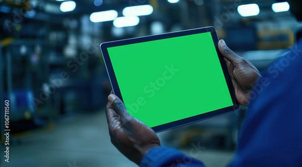 Obraz An industrial worker is shown using a tablet with a green mock-up screen in a factory environment.