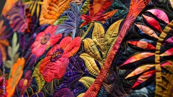 Fototapeta Close-Up of a Vibrant Quilted Floral Design: A Tapestry of Color and Texture