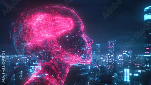 Fototapeta Neon-outlined profile of a woman combined with digital interfaces over a cityscape at night