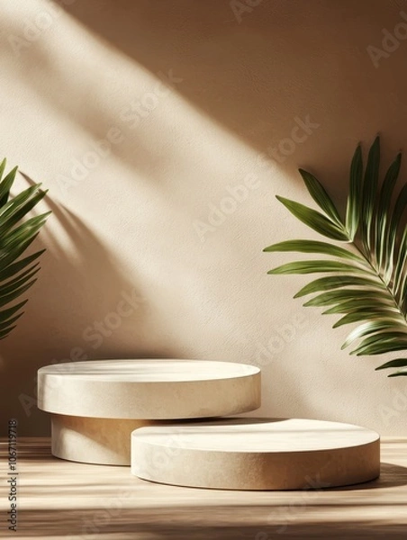 Obraz Stylish presentation of round platforms with green palm leaves against a textured beige background.