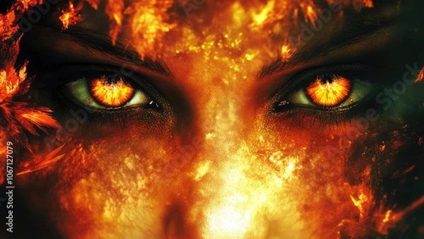 Fototapeta Fiery eyes with intense orange flames and embers in a dramatic close-up