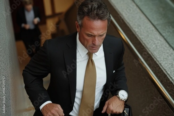 Fototapeta A business professional in a dark suit and tie climbs stairs with purpose and determination, representing ambition and drive in a sophisticated commercial setting.