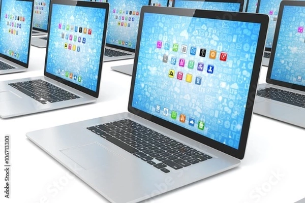 Obraz many  laptop on white background. 3D rendering.