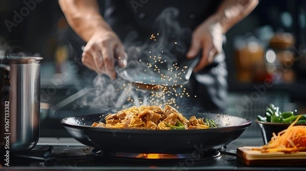 Obraz Freshly prepared Asian noodle dish with sliced chicken and sesame seeds served in a vibrant and colorful restaurant kitchen setting  The dish is being expertly prepared by a skilled chef
