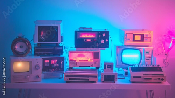 Fototapeta Vintage 90s Electronics with Cassette Player, Pink Neon Color Scheme, VHS Grain Effect