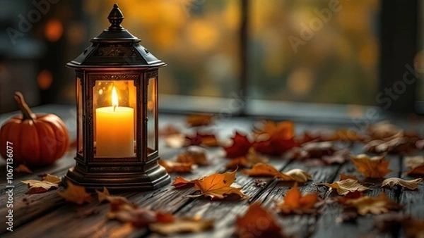 Fototapeta A cozy lantern illuminates a serene autumn scene with vibrant leaves and a small pumpkin, creating a warm, inviting atmosphere.