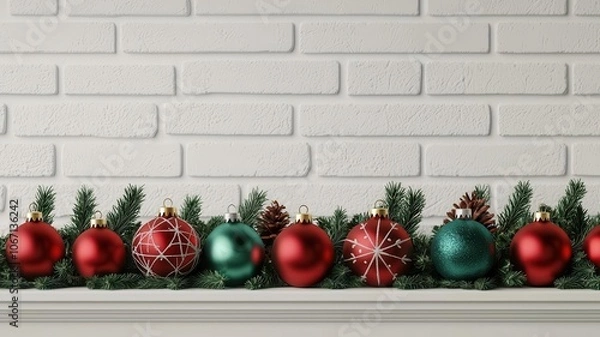 Fototapeta Closeup of dreidels and Christmas baubles on a mantel, festive and bright