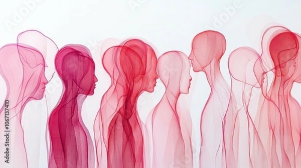 Obraz "World AIDS Day": Human Connection Line Art; A continuous line drawing of abstract, interconnected figures in shades of red, pink, and white, representing unity and support.