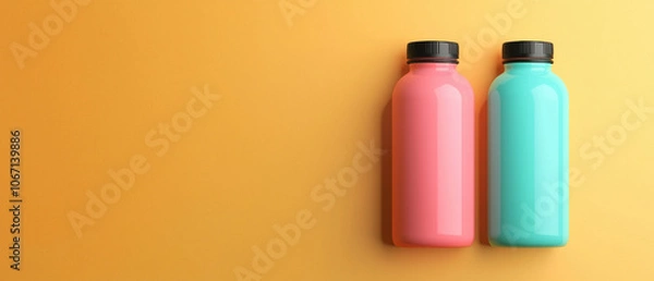 Fototapeta Two vibrant bottles, one pink and one teal, are displayed against a bright yellow background, creating a modern aesthetic.