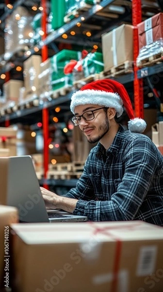 Fototapeta Festive warehouse worker in Santa hat using laptop amid stacked boxes and twinkling lights, blending holiday cheer with logistics efficiency.