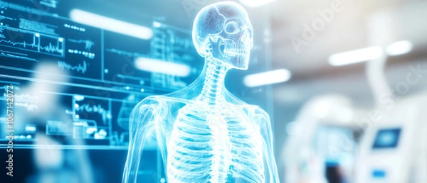 Fototapeta 3D skeleton in a high-tech diagnostic room, holographic overlays showing bone density and fracture diagnostics