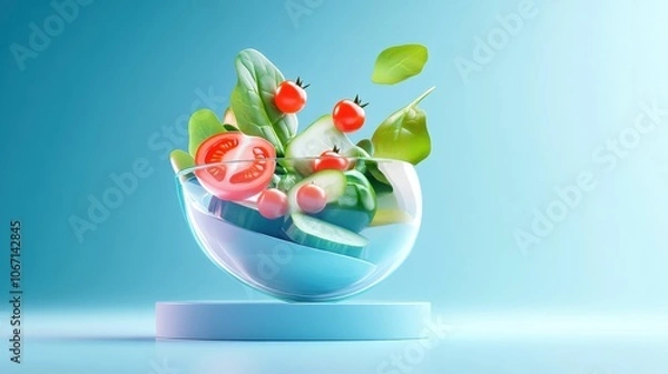 Obraz Fresh salad with lettuce, tomato, and herbs in a glass bowl on a pastel background.