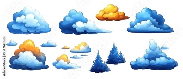 Fototapeta Various cartoon-style clouds and pine trees on a white isolated background