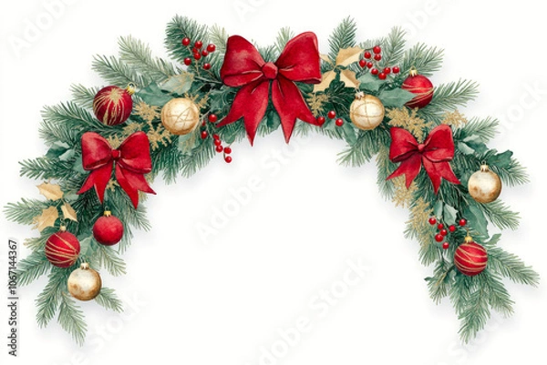 Fototapeta Christmas decoration, garland - arch of fir branches, red berries, holly leaves, poinsettia and baubles with ribbons on white background. New Year watercolor illustration with copy space