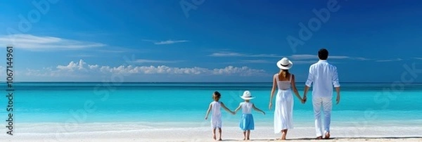 Fototapeta Family walking on beach, enjoying a sunny day by the sea.