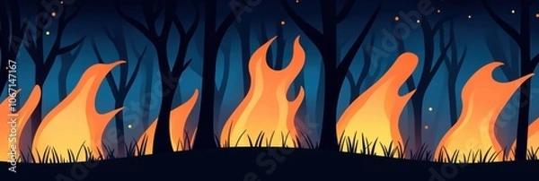 Fototapeta Cartoon style forest fire with flames and silhouettes of trees at night.