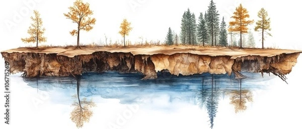 Fototapeta Isolated landmass with trees reflecting in calm water, white isolate background.
