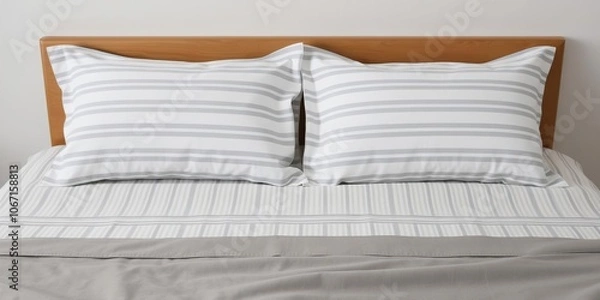 Fototapeta Two standard size pillows are placed side by side on a double bed, with the pillowcases in matching patterns of white and gray stripes, domestic style, bedroom furniture, double bed