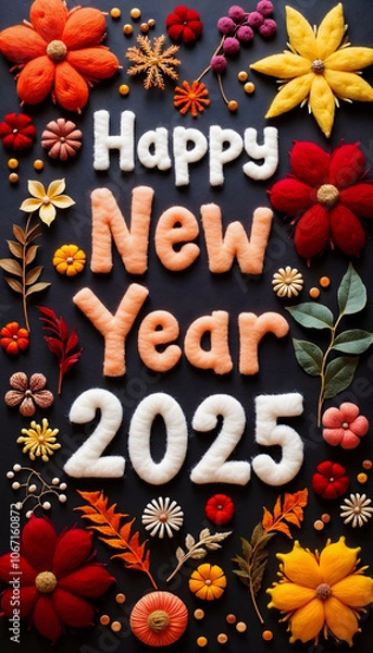 Fototapeta Happy New Year 2025 Crochet card with flowers on a dark background.