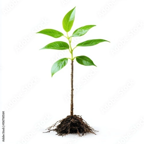Fototapeta A small tree seedling, nature's growth, photorealistic detail with tender green leaves and roots, isolated on white background