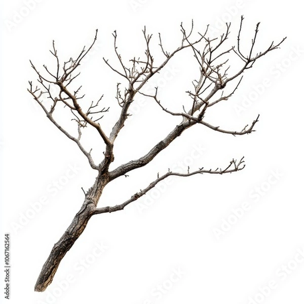 Fototapeta A bare tree branch, minimalistic design, no leaves, rough brown texture, isolated on white background