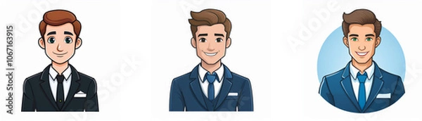Fototapeta Three cartoon men are depicted in suits and ties with a slight smile and brown hair.