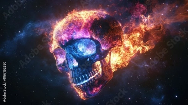 Fototapeta Burning skull against a pure black background.