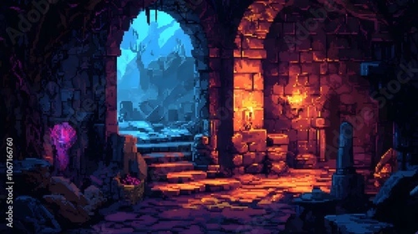Fototapeta Pixel art dungeon background for 8 bit games.